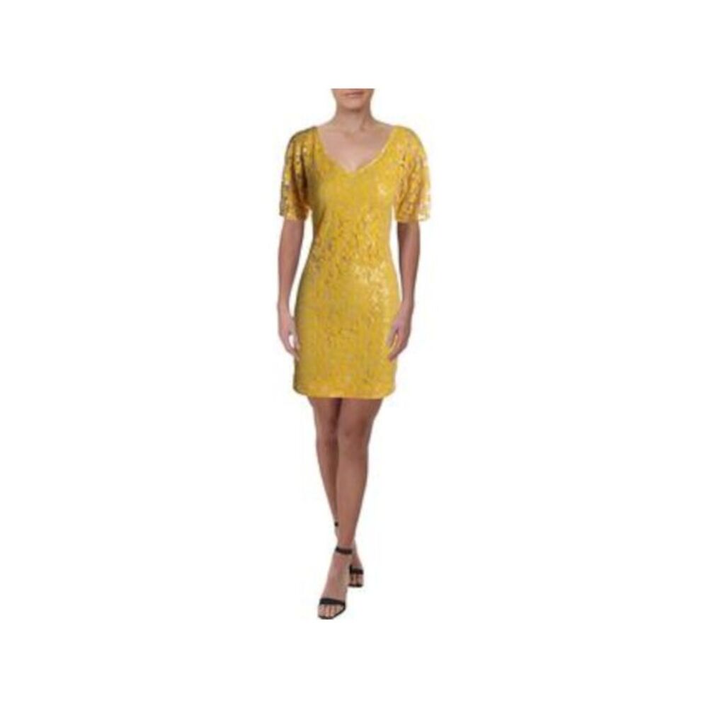NWT TRINA TURK Womens Yellow Short Sleeve Above The Knee Sheath Dress 0